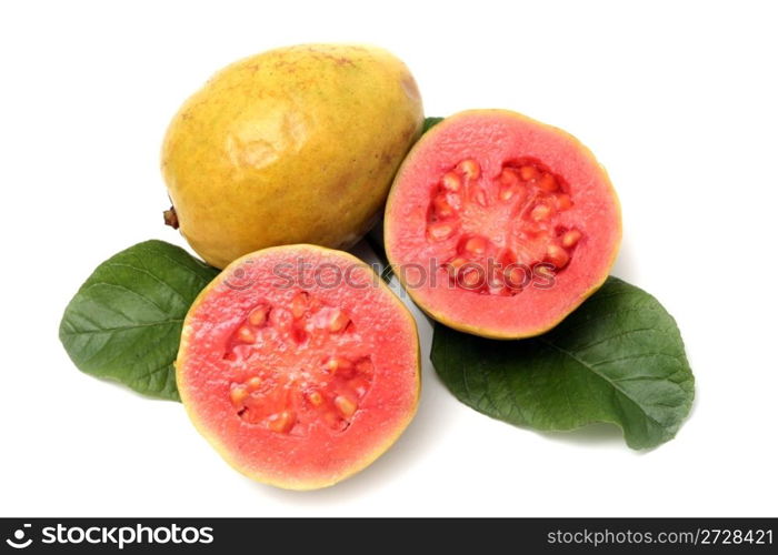 Fresh Guava fruit with leaves on white background