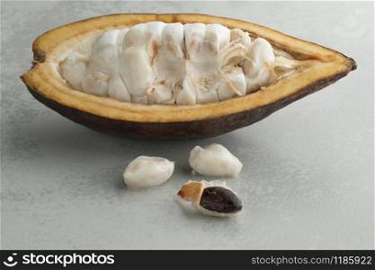 Fresh halved cocoa fruit with raw cocoa beans visible