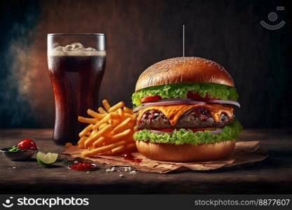 Fresh hamburger with meat, cheese, salad, french fries and glass of soft drink. 3D illustration.