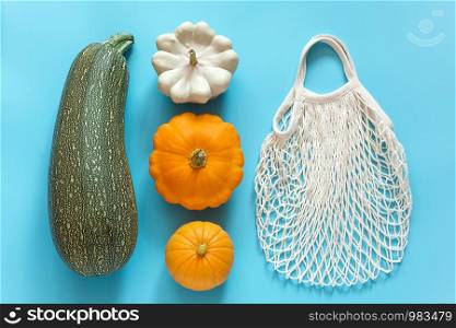 Fresh harvest vegetables gourds pumpkin, zucchini, squash and reusable shopping eco-friendly mesh bag on blue background. Concept Organic vegetable and no plastic, zero waste. Top view Flat lay.. Fresh harvest vegetables gourds pumpkin, zucchini, squash and reusable shopping eco-friendly mesh bag on blue background. Concept Organic vegetable and no plastic, zero waste. Top view Flat lay