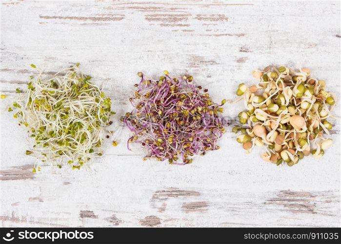 Fresh healthy nutritious sprouts on old rustic board. Food containing natural vitamins and minerals. Fresh healthy sprouts on rustic board. Food containing natural vitamins and minerals