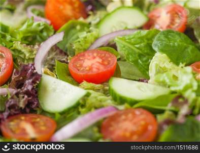 Fresh healthy vegetarian vegetables salad with tomatoes and cucumber, red onion and spinach close up. Macro