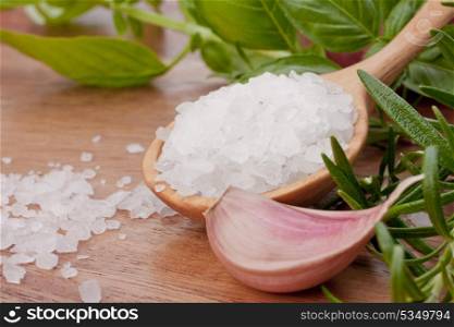 Fresh herbs and salt spoon on vintage wooden background. Shallow focus.