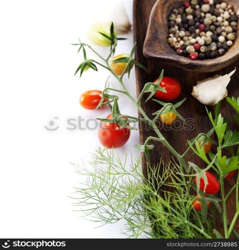 Fresh herbs and spices (tomatoe, garlic, pepper,dill) With copyspace