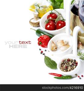 Fresh herbs and spices (tomatoe, garlic, pepper, mushroom, bay leaves, olive oil) With wine over white (with easy removable sample text)