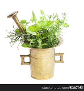 Fresh herbs in the copper mortar on the table