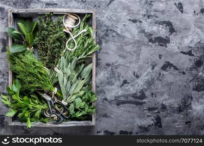 fresh herbs in wooden box on stone background with space for text