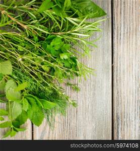 Fresh herbs on the wooden background with copy text. Fresh herbs