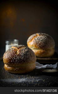 Fresh homemade brioche buns with sesame seed topping. Illustration Generative AI 