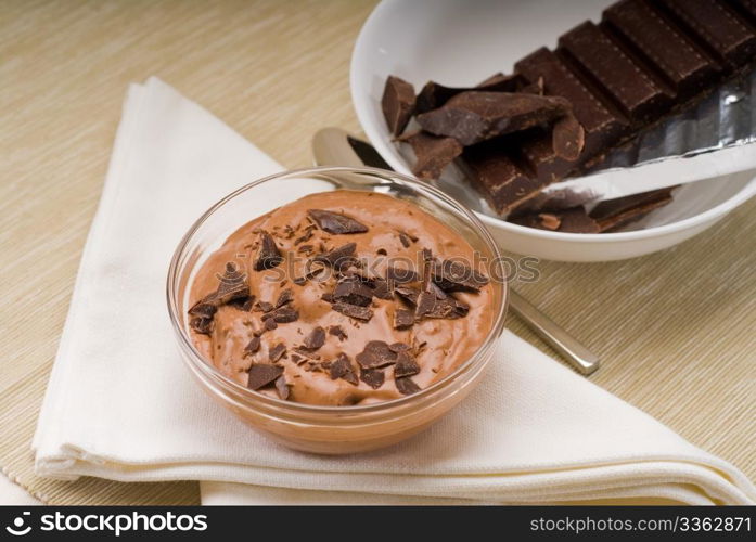 fresh homemade chocolate mousse made with bitter chocolate ,closeup