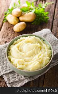 Fresh homemade creamy mashed potato in bowl (Selective Focus, Focus in the middle of the potato puree). Fresh Creamy Mashed Potato