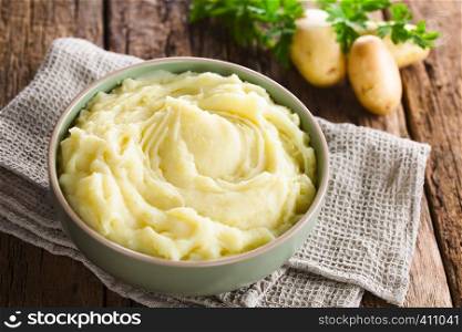 Fresh homemade creamy mashed potato in bowl (Selective Focus, Focus on the tip in the potato puree). Fresh Creamy Mashed Potato