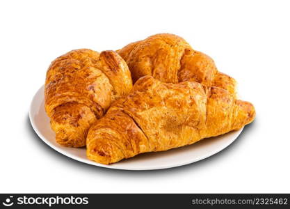 Fresh homemade croissants in white ceramic dish on white background with clipping path.