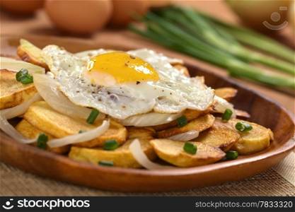 Fresh homemade fried egg on crispy fried potato slices with fried onion and scallion on wooden plate (Selective Focus, Focus on the front of the egg yolk)