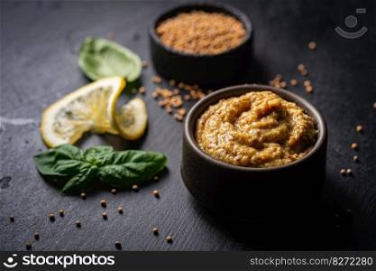 Fresh homemade organic dijon mustard in a bowl on black background, close up. Fresh organic mustard