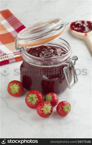 Fresh homemade strawberry jam in a jar