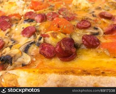 Fresh hot pizza with salami and cheese. Delicious italian traditional fast food. Fresh hot pizza. Italian fast food