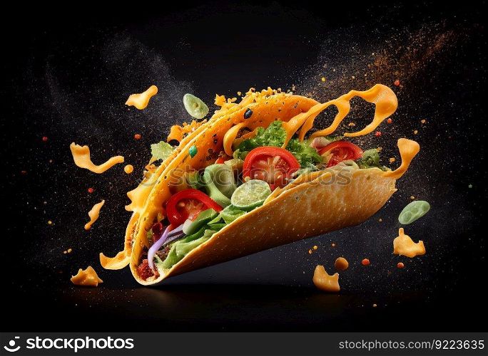 Fresh hot taco with flying ingredients
illustration. AI generative.