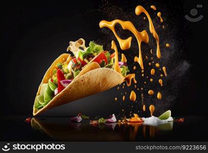 Fresh hot taco with flying ingredients
illustration. AI generative.