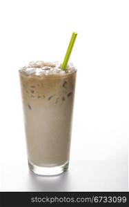 Fresh Iced Coffee with green straw on white background