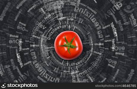 Fresh idea. Tomato against black background with business sketches