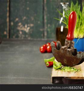 Fresh ingredients for cooking and mezzaluna on rustic background