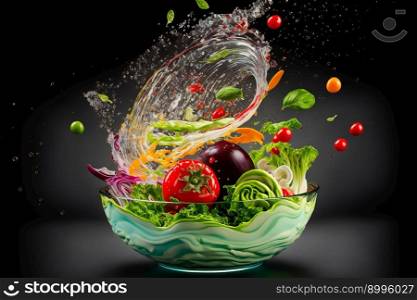 Fresh ingredients for salad falling into bowl on black background.  Image created with Generative AI technology 