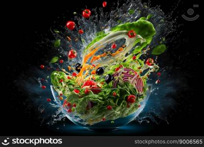 Fresh ingredients for salad falling into bowl on black background.  Image created with Generative AI technology
