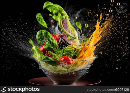 Fresh ingredients for salad falling into bowl on black background.  Image created with Generative AI technology 