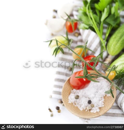 Fresh ingredients (tomatoe, garlic, pepper, cucumbers, dill, salt, parsley) With copuspace