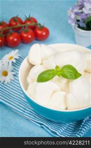 Fresh italian dairy products as mozzarella, ricotta and cherry tomatoes