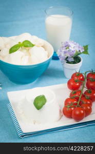 Fresh italian dairy products as mozzarella, ricotta and cherry tomatoes