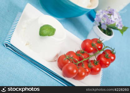 Fresh italian dairy products as mozzarella, ricotta and cherry tomatoes