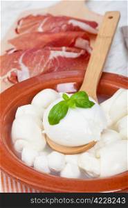 Fresh italian dairy products in earthenware pot