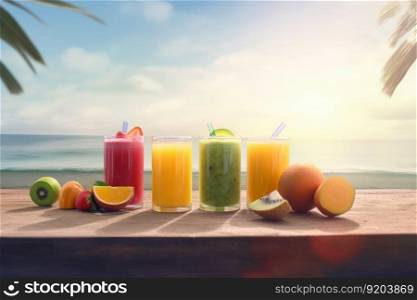 Fresh juice fruits on beach. Drink glass. Generate Ai. Fresh juice fruits on beach. Generate Ai