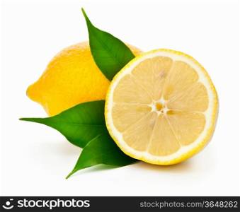 Fresh juicy lemons with green leaves on white background