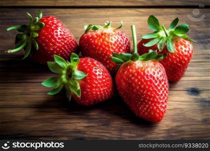 Fresh juicy strawberries on an old wooden table. Generative AI