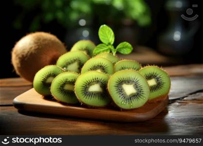 Fresh kiwi fruit on rustic wooden table. Generative AI