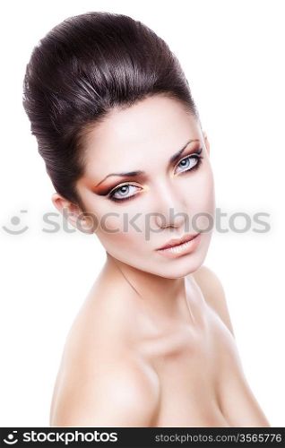 fresh lady with clean skin on white background