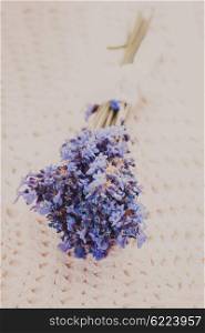 Fresh lavender bunch, decor provance style on a crochet tablecloth, shabby chic