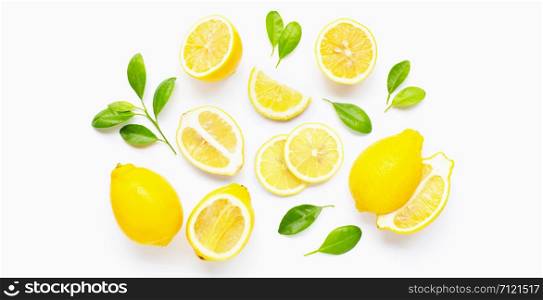 Fresh lemon and slices with leaves isolated on white background.