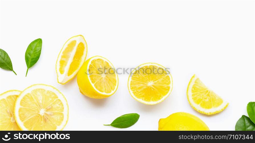 Fresh lemon and slices with leaves isolated on white background. Copy space