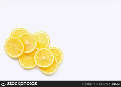 Fresh lemon slices on white background. Copy space