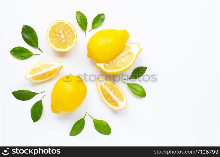 Fresh lemon with leaves isolated on white background.
