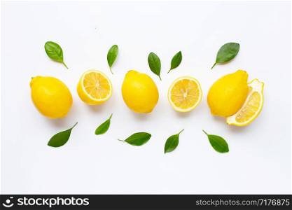 Fresh lemon with leaves isolated on white background.