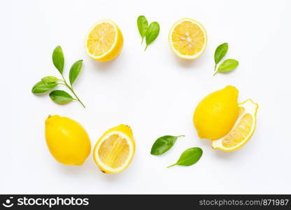 Fresh lemon with leaves isolated on white background.