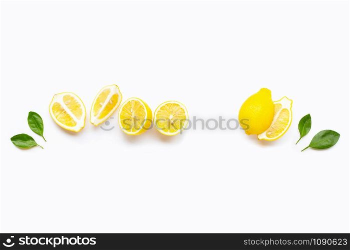 Fresh lemon with leaves isolated on white background. Copy space