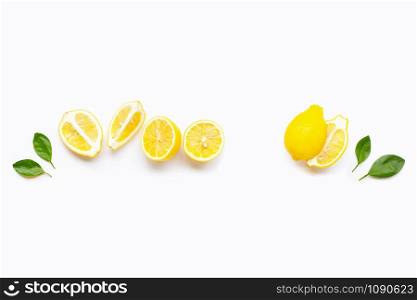 Fresh lemon with leaves isolated on white background. Copy space