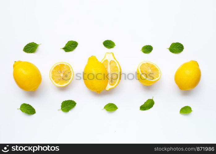 Fresh lemon with mint leaves isolated on white background.