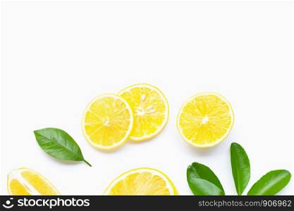 Fresh lemon with slices isolated on white background. Copy space